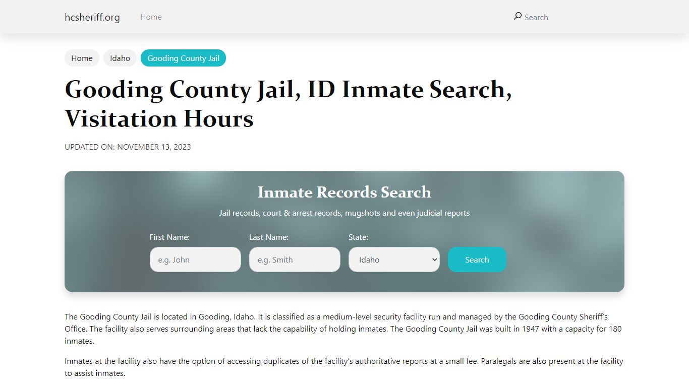 Gooding County Jail, ID Inmate Search, Visitation Hours